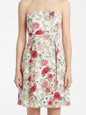 White Strapless Floral Mini Dress with Pink and Red Blooms